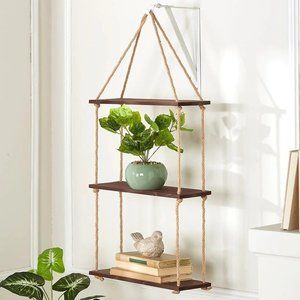 Hanging Wall Shelf Hemp Rope Brown Wood 3 Shelves 15-3/4W x 6D x 32H New